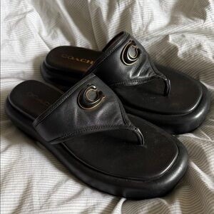 Coach Black Leather Platform Thong Sandals with Gold 'C' Hardware